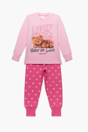 Πιτζάμα Παιδική Χειμερινή με Τύπωμα Lucky για Κορίτσι Ροζ-Φουξ, Βαμβακερή 100% - Pretty Baby, pb-64876-roz-foux