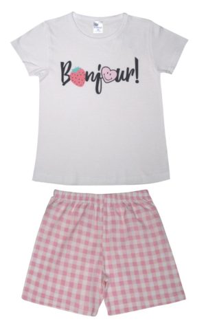 Παιδική Καλοκαιρινή Πιτζάμα για Κορίτσι Bonjour Λευκό-Ροζ Ψιλή Πλέξη Υφάσματος, Βαμβακερή 100% - Pretty Baby, pb-63142-lefko-roz
