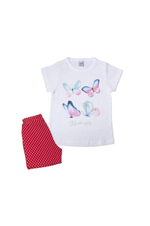 Πιτζάμα Παιδική Καλοκαιρινή Σετ 2 τεμαχίων με Τύπωμα Butterfly για Κορίτσι Λευκό-Κόκκινο Πουά Ψιλή Πλέξη Υφάσματος, Βαμβακερό 100% - Pretty Baby, pb-63123-lefko-kokkino