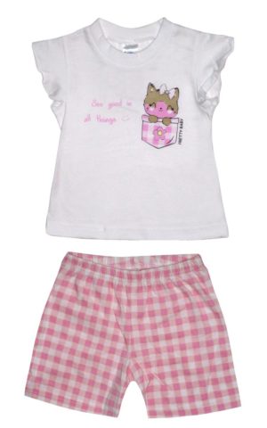 Παιδική Καλοκαιρινή Πιτζάμα για Κορίτσι Γατούλα Λευκό-Ροζ, Ψιλή Πλέξη Υφάσματος, Βαμβακερή 100% - Pretty Baby, pb-65536-lefko-roz