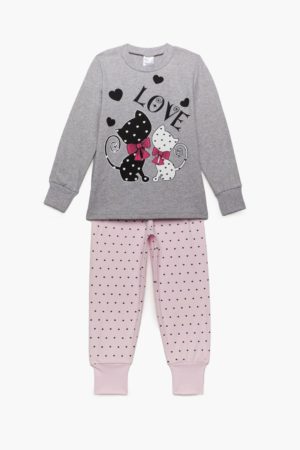 Πιτζάμα Παιδική Χειμερινή με Τύπωμα Love για Κορίτσι Γκρι-Ροζ, Βαμβακερή 100% - Pretty Baby, pb-64881-gri-roz