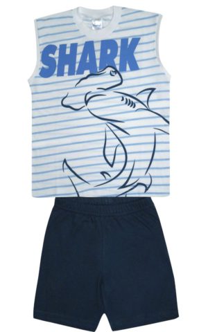 Πιτζάμα Παιδική Καλοκαιρινή Χωρίς Μανίκι Σετ 2 Τεμαχίων Shark για Αγόρι Λευκό-Μαρίν Ψιλή Πλέξη Υφάσματος, Βαμβακερό 100% - Pretty Baby, pb-63033
