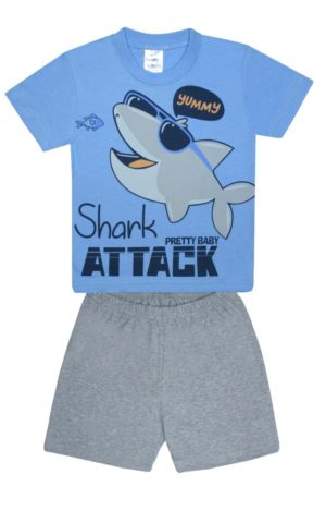 Παιδική Καλοκαιρινή Πιτζάμα για Αγόρι Shark Σιέλ-Γκρι, Ψιλή Πλέξη Υφάσματος, Βαμβακερή 100% - Pretty Baby, pb-65381-siel-gri