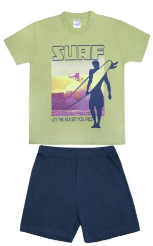 Πιτζάμα Παιδική Καλοκαιρινή Σετ 2 Τεμαχίων Surf για Αγόρι Lime/Ρουά Ψιλή Πλέξη Υφάσματος, Βαμβακερό 100% - Pretty Baby, pb-63031-lime-roua