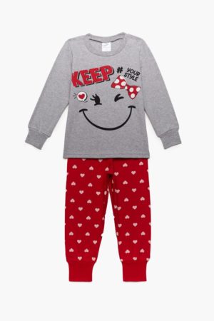 Πιτζάμα Παιδική Χειμερινή με Τύπωμα Style για Κορίτσι Γκρι-Κόκκινο, Βαμβακερή 100% - Pretty Baby, pb-64873