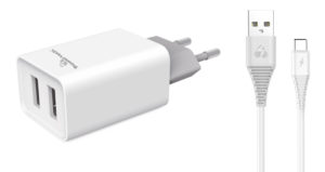 POWERTECH Φορτιστής τοίχου & καλώδιο USB Type-C PT-776, 2x USB, 2.1A