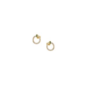 Σκουλαρίκια Χρυσά Κυκλάκια Με Ζιργκόν Και Μία Πράσινη Πέτρα Ασήμι 925