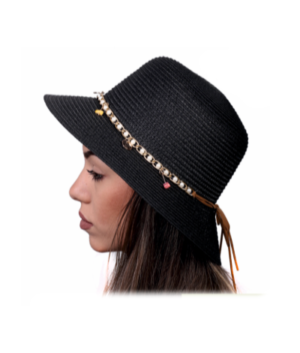 Καπέλο Ψάθινο Με Αλυσίδα Πέρλες Μαύρο