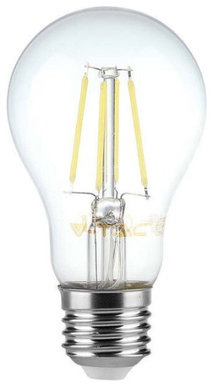 V-TAC Λάμπα LED Filament E27 A60 6W 230V 600lm 300° IP20 Διάφανο Γυαλί Φυσικό Λευκό 214303