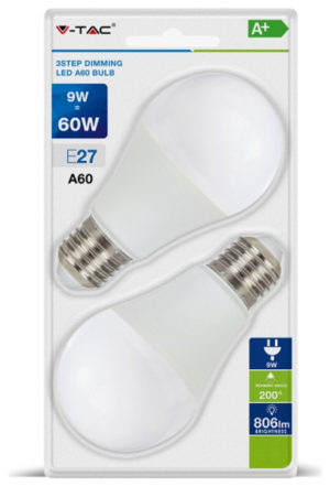 V-TAC Λάμπα LED E27 9W A60 dimmable 3 βημάτων ψυχρό λευκό συσκευασία blister 2 τμχ. SKU: 7290