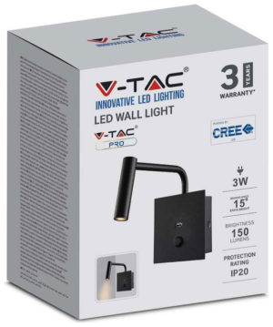 V-TAC Επιτοίχιο Φωτιστικό LED Κρεβατοκάμαρας 3W 230V 15° 150lm IP20 με Διακόπτη & Θύρα USB Ζεστό Λευκό Μαύρο 211487