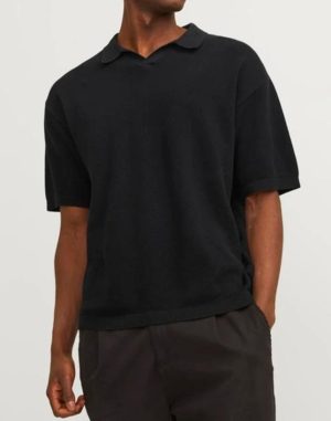 Jack & Jones Ανδρική Βαμβακερή Μπλούζα Polo Μαύρο Regular Fit (12252748) (90% Βαμβάκι, 10% Λινό)