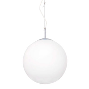 Φωτιστικό οροφής κρεμαστό μονόφωτο άσπρη γυάλινη μπάλα Ø30 με μεταλλικές λεπτομέρειες σε νίκελ Aca | V2010C300