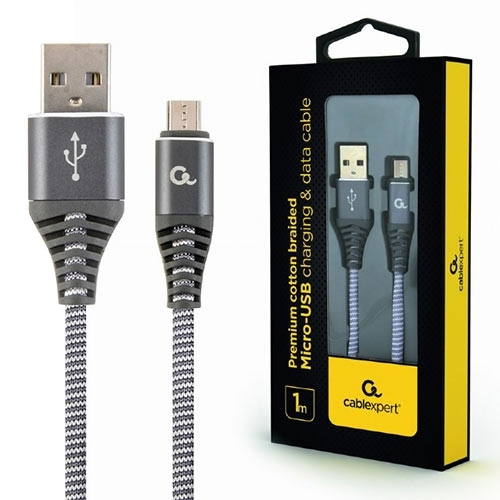 CABLEXPERT PREMIUM COTTON BRAIDED MICRO-USB CHARGING AND DATA CABLE 1M SPACEGREY/WHITE RETAIL PACK CC-USB2B-AMmBM-1M-WB2