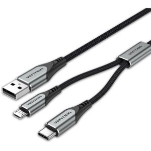 VENTION Nylon Braided USB 2.0 A Male to Type-C 3A & Micro B Male 2A Y-Splitter Cable 1M Gray Aluminum Alloy Type (CQGHF).
