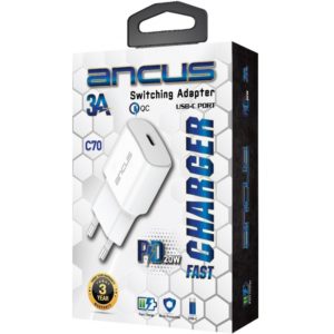 Φορτιστής Ταξιδίου Switching Ancus Supreme Series C70 Fast Charge με USB-C Έξοδο QC 3.0 PD 20W 5V/3A, Λευκό.