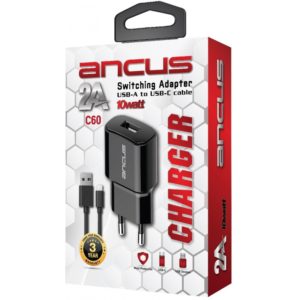 Φορτιστής Ταξιδίου Switching Ancus Supreme Series C60 USB 5V / 2A 10W με Αποσπώμενο Καλώδιο USB-C 1m Μαύρο.