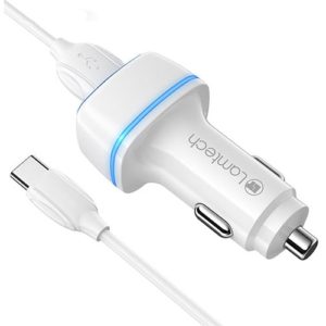 LAMTECH 2xUSB 2,4A CAR CHARGER WITH TYPE-C CABLE 1M WHITE LAM112570