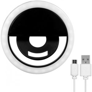 GloboStar 79043 Selfie Ring Light LED SMD 2W 200 lm Μαύρο Σώμα με Ενσωματωμένη Επαναφορτιζόμενη Μπαταρία 500mAh & Καλώδιο Φόρτισης Micro USB Ψυχρό Λευκό 6000 K για Κινητό Τηλέφωνο και Tablet Φ8.5 x Υ2.5cm.