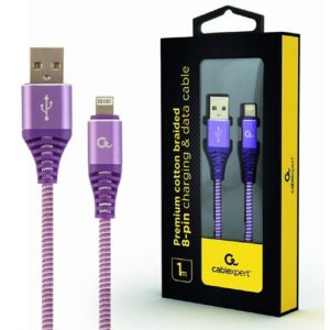 CABLEXPERT PREMIUM COTTON BRAIDED LIGHTNING CHARGING AND DATA CABLE 1M PURPLE/WHITE RETAIL PACK CC-USB2B-AMLM-1M-PW