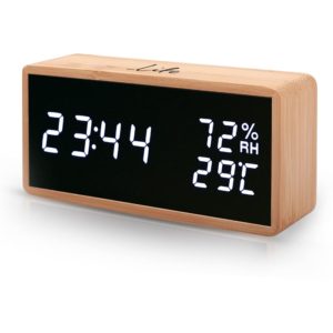 LIFE NOBLE BAMBOO THERMOMETER/HYGROMETER WITH CLOCK, ALARM AND LED DIGITS LIFE.