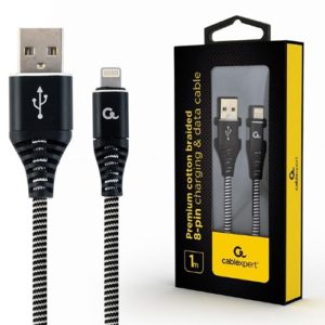 CABLEXPERT PREMIUM COTTON BRAIDED LIGHTNING CHARGING AND DATA CABLE 1M BLACK/WHITE RETAIL PACK CC-USB2B-AMLM-1M-BW