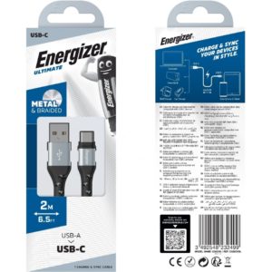 Καλώδιο σύνδεσης Energizer Metal / Braided Nylon σε USB-C 2m Ασημί.