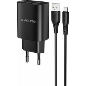 Borofone Φορτιστής με 2 Θύρες USB-A και Καλώδιο micro USB Μαύρος (BN2).