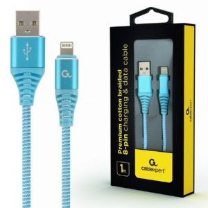 CABLEXPERT PREMIUM COTTON BRAIDED LIGHTNING CHARGING AND DATA CABLE 1M TURQUOISE/WHITE RETAIL PACK CC-USB2B-AMLM-1M-VW