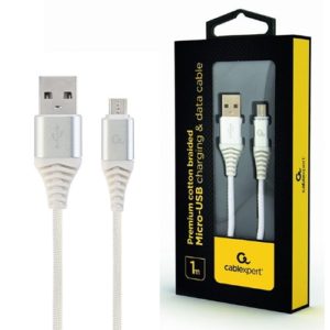 CABLEXPERT PREMIUM COTTON BRAIDED MICRO-USB CHARGING AND DATA CABLE 1M SILVER/WHITE RETAIL PACK CC-USB2B-AMmBM-1M-BW2
