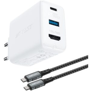 Φορτιστής Ταξιδίου Πολυλειτουργικός Acefast A17 USB-C+USB-A+HDMI με USB-C Καλώδιο 100W PD65W QC3.0 GaN Λευκός.( 3 άτοκες δόσεις.)