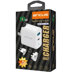 Φορτιστής Ταξιδίου Ancus Supreme Series Dual με USB και USB-C PD 30W Λευκός με LED και Αντάπτορα UK Plug.