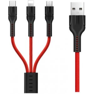 Καλώδιο σύνδεσης Hoco U31 Benay Braided με Νάυλον Κορδόνι 3 σε 1 USB σε Micro-USB, Lightning, USB-C Κόκκινο 1,2m.