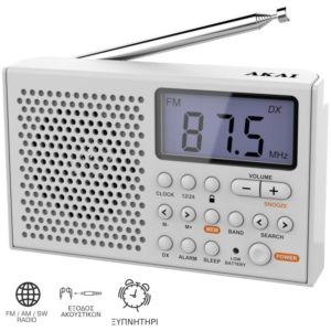 Akai AWBR-305 Λευκό Φορητό ραδιόφωνο παγκοσμίου λήψεως με οθόνη και ρολόι.