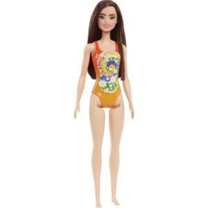 Mattel Barbie Doll Beach - Brunnete Doll with Flowers Orange Swimsuit (HDC49).