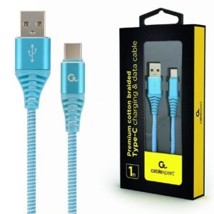 CABLEXPERT PREMIUM COTTON BRAIDED TYPE-C USB CHARGING AND DATA CABLE 1M TURQUOISE/WHITE RETAIL PACK CC-USB2B-AMCM-1M-VW