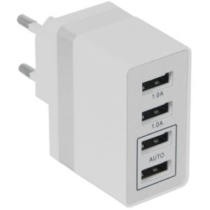 Φορτιστής USB 4 Θέσεων Wall Adapter 2 x AUTO 2.1A & 2 x 1A 5V DC Λευκός με Χρώμιο GloboStar 69997.