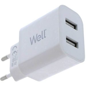 Universal 2xUSB FastTravel Wall Charger 5VDC/2A Λευκό Well PSUP-USB-W22003WE-WL .