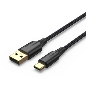 VENTION Nylon Braided USB 2.0 A Male to Type-C Male 3A Cable 0.25M Black LED Type (CTFBC).