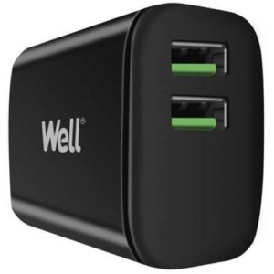 Universal 2xUSB FastTravel Wall Charger 5VDC/2.4A (12W) Μαύρο Well PSUP-USB-W22402BK-WL .