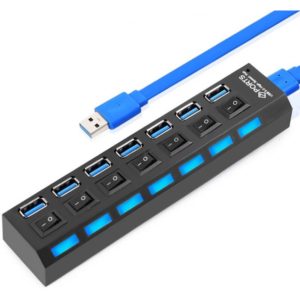 USB 3.0 HUB 7-Port Hi-Speed w/Switches & Blue LED Desing KO283 .