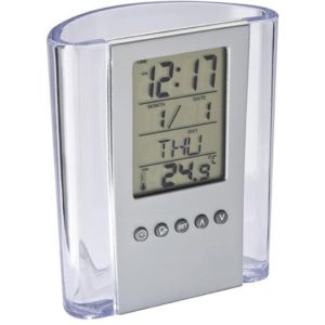 Μολυβοθήκη ακρυλική με ρολόι, ημερολόγιο και θερμόμετρο.