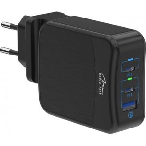 Φορτιστής Ταξιδίου Media-Tech MT6252 Smart Power με USB 3.0A Fast Charge και Διπλό USB-C PD 65W Μαύρος με LED.