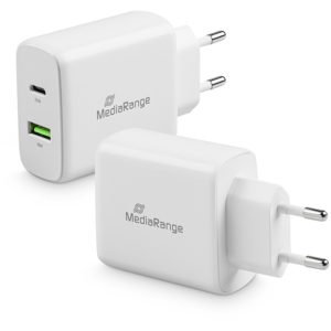 MediaRange 43W fast charger with USB-A and USB-C output, white (MRMA113).