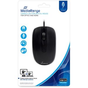 MediaRange Optical Mouse Corded 3-Button (Black, Wired) (MROS211).