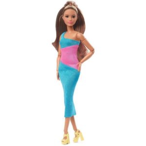 Mattel Barbie Signature Looks: Doll with Brunette Ponytail Turquoise/Pink Dress Model # (HJW82).