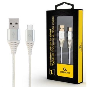 CABLEXPERT PREMIUM COTTON BRAIDED TYPE-C USB CHARGING AND DATA CABLE 1M SILVER/WHITE RETAIL PACK CC-USB2B-AMCM-1M-BW2