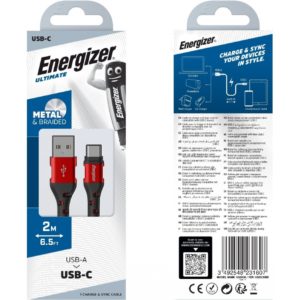 Καλώδιο σύνδεσης Energizer Metal / Braided Nylon USB σε USB-C 2m Κόκκινο.