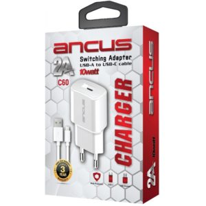 Φορτιστής Ταξιδίου Switching Ancus Supreme Series C60 USB 5V / 2A 10W με Αποσπώμενο Καλώδιο USB-C 1m Λευκό.