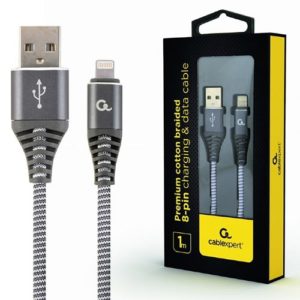 CABLEXPERT PREMIUM COTTON BRAIDED LIGHTNING CHARGING AND DATA CABLE 1M SPACEGREY/WHITE RETAIL PACK CC-USB2B-AMLM-1M-WB2